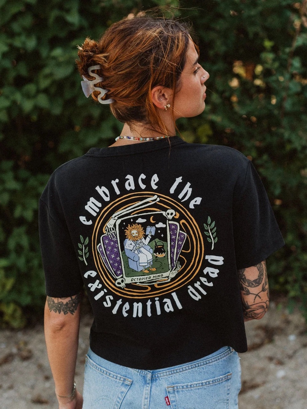 Black Crop Tee with Sunflower Skull Graphic - Women's